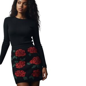 Material Girl Black Knit Mini Skirt Red Rose Floral Y2K Whimsygoth Medium NWT